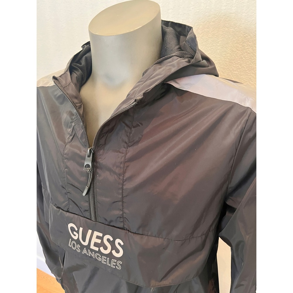 GUESS Windbreaker Anorak Jacket Mens Small Black Gray Excellent Pullover Hooded